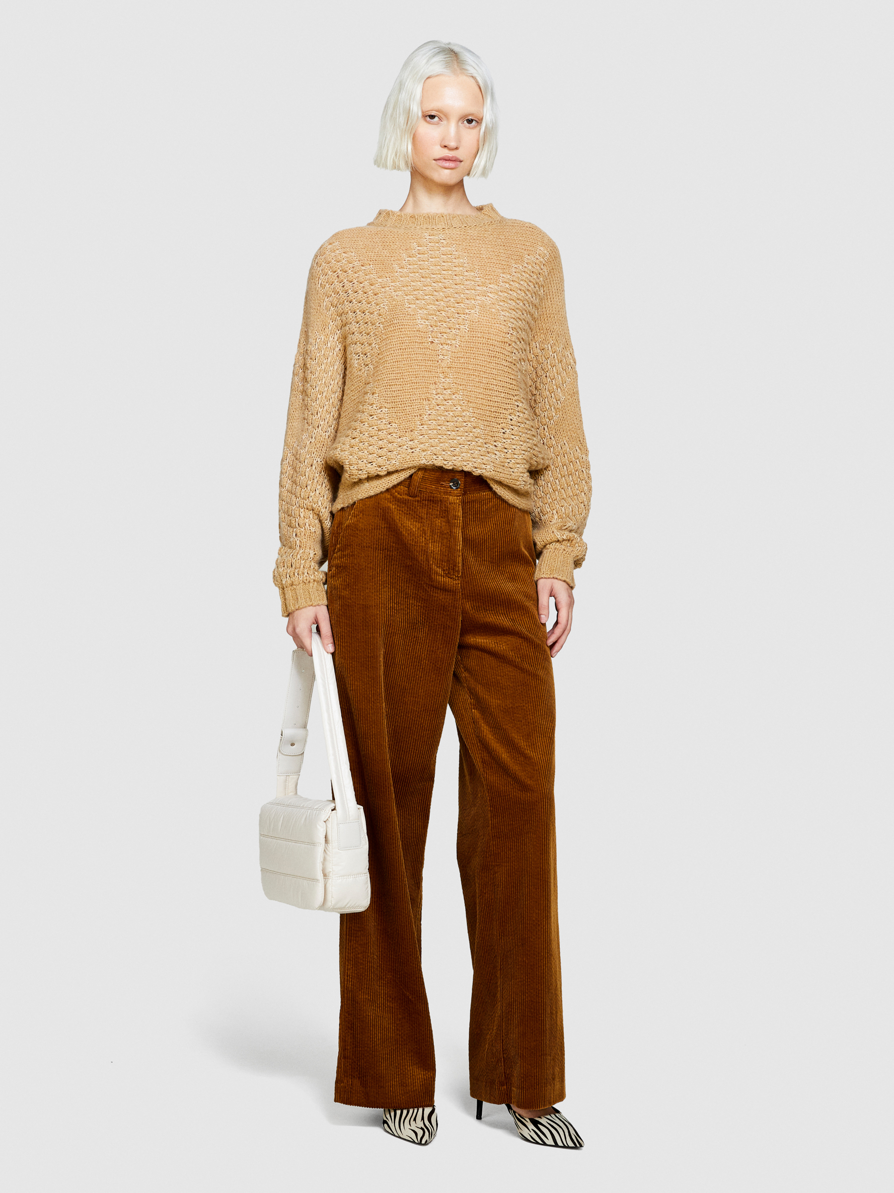 Sisley - Knit Sweater With Diamonds, Woman, Camel, Size: S