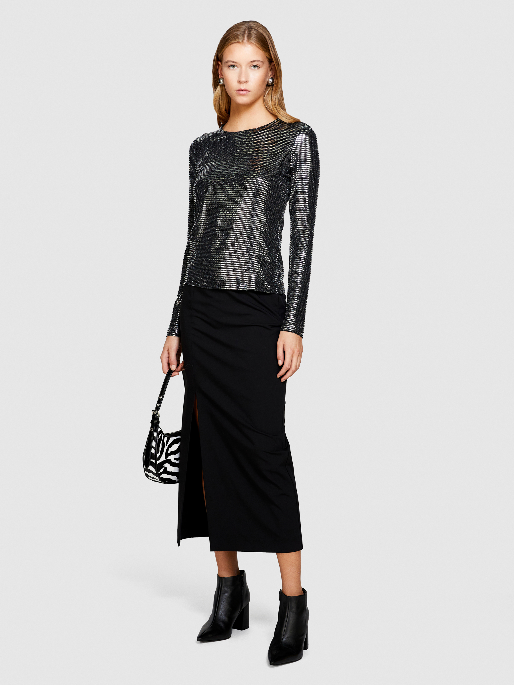 Sisley - Midi Skirt With Slit, Woman, Black, Size: 48