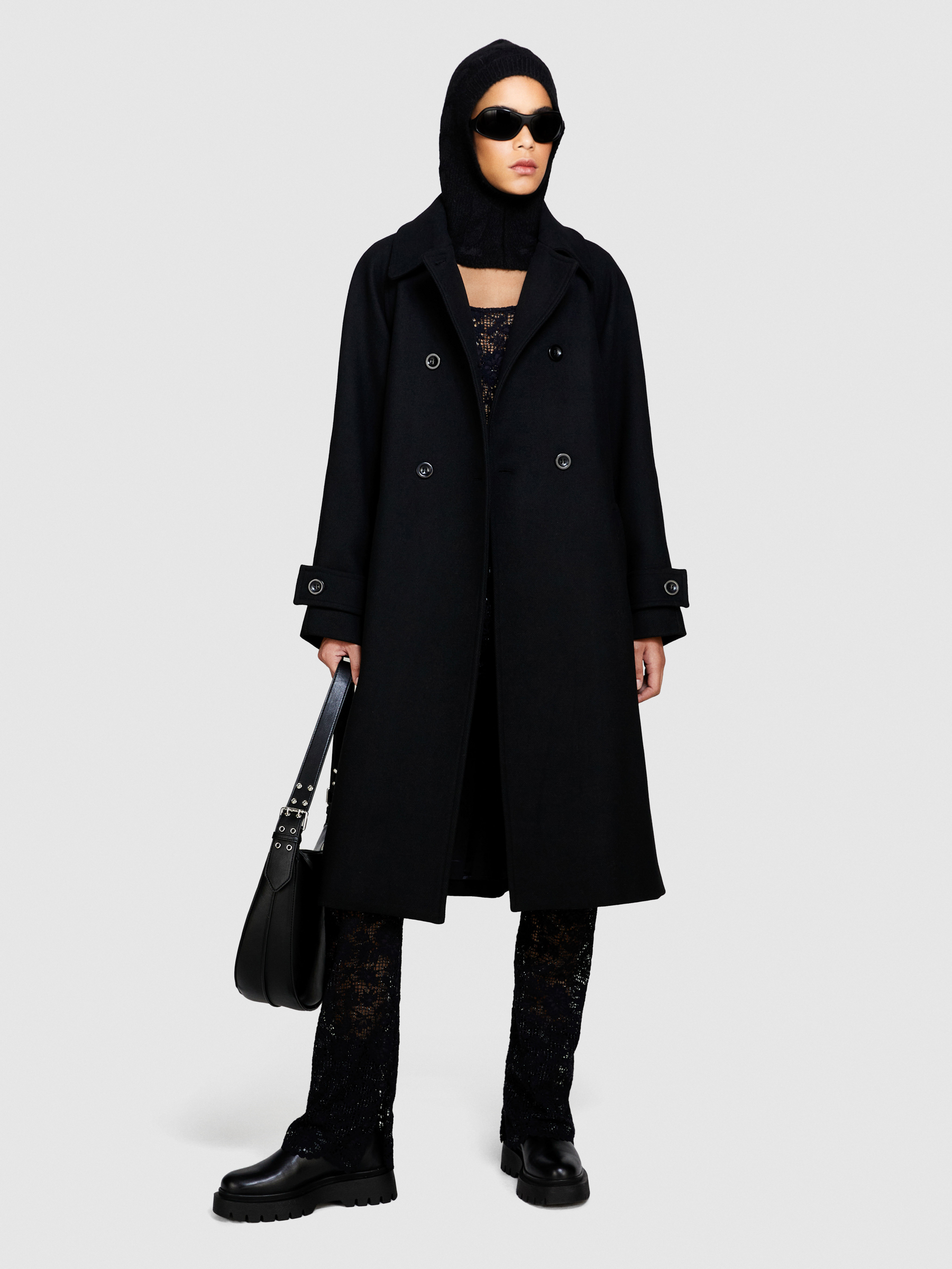 Sisley - Trench Coat In Wool Blend, Woman, Black, Size: 44